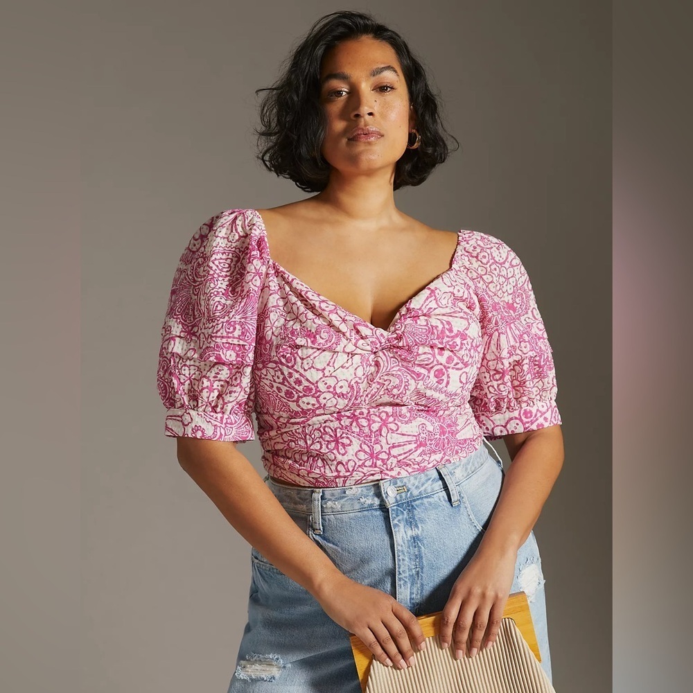 Maeve Anthropologie Tie-Back Printed Crop Top Floral Puff Sleeve Smocked Size L